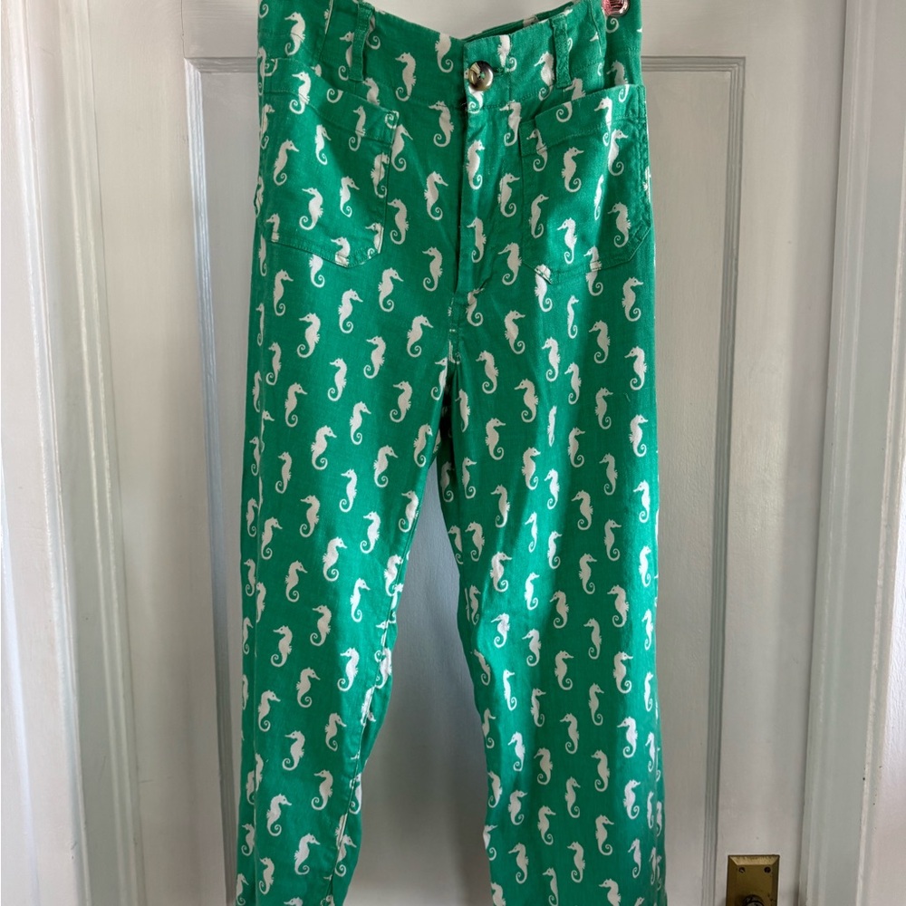Anthropologie Green Cropped Pants with White Seahorse Print